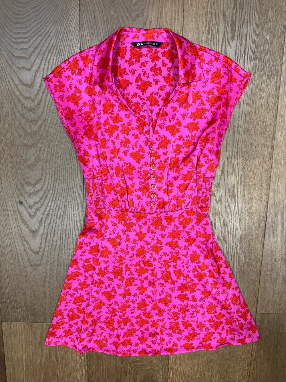 Zara Printed Satin Floral Mini Fit & Flare Dress Pink & Red - Picture 1 of 8